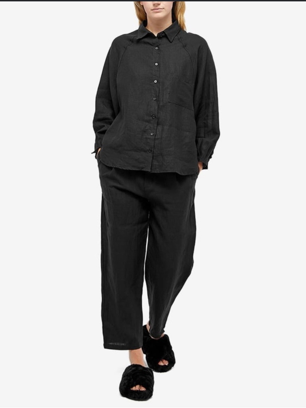 Deiji studios raglan linen button down top in deep black